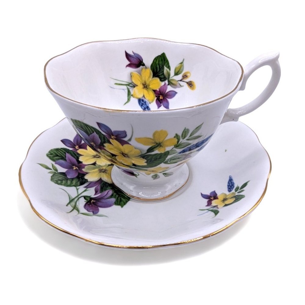 Royal Albert Bone China Teacup and Saucer. Purple and Yellow Floral
